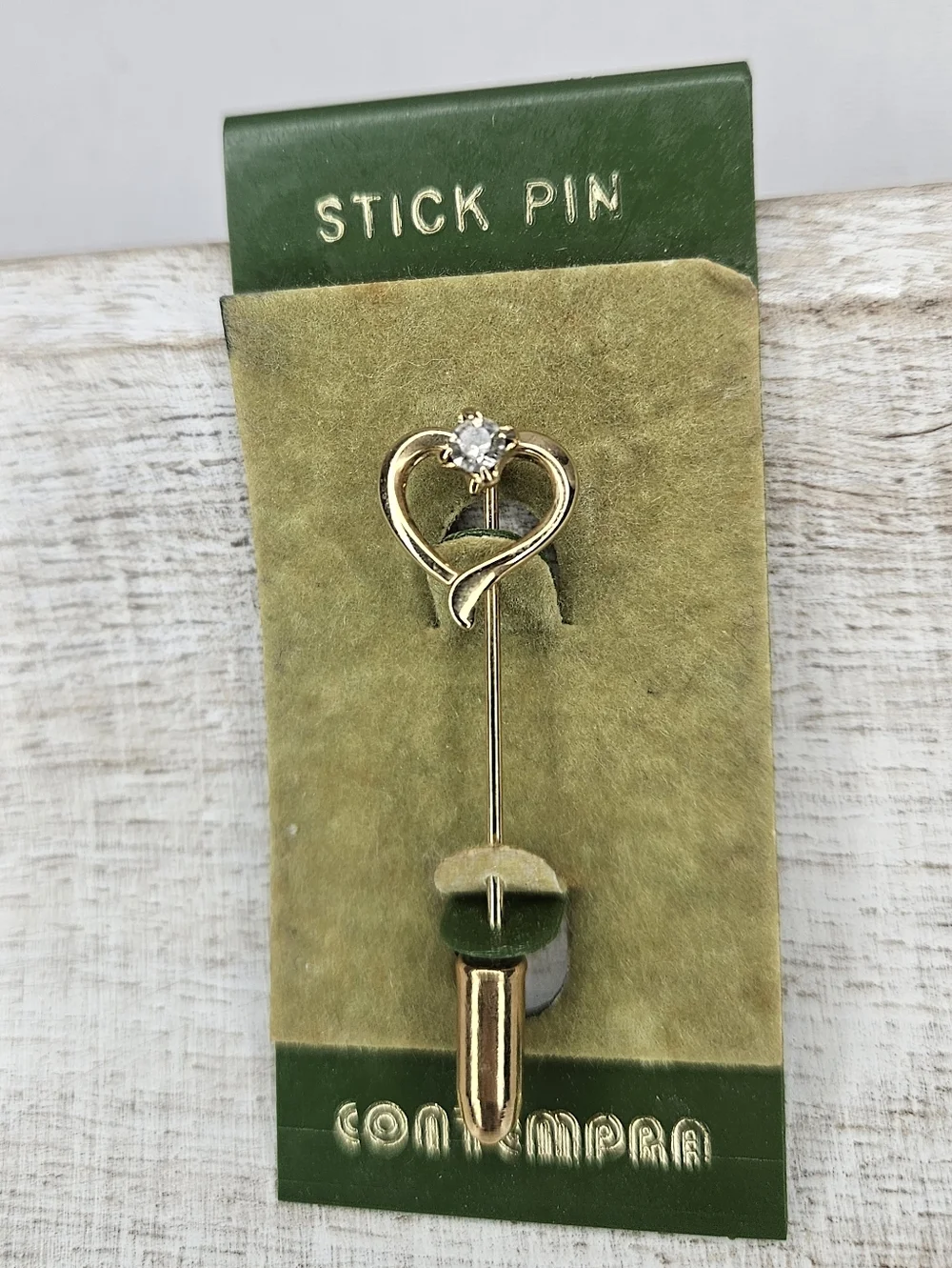 Vintage Gold Tone Heart And Clear Rhinestone Stick Pin 1980s Contempra